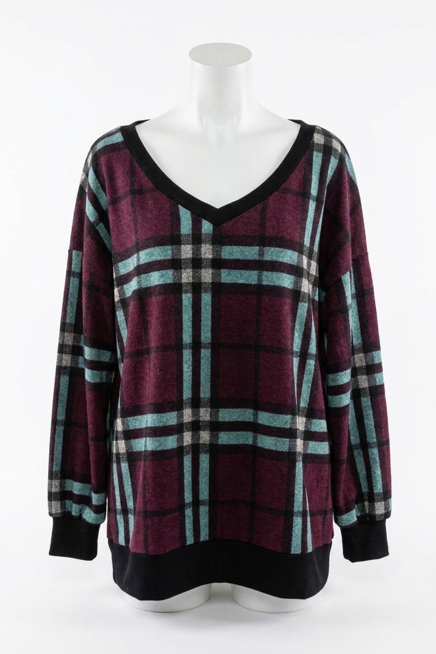 NEW HONEYME v neck plaid sweater in burgundy and mint